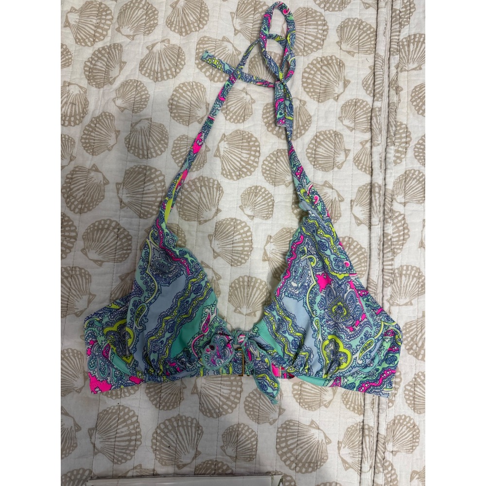 Victorias Secret Paisley Halter Bikini Top Neon Pink Blue Green 36C